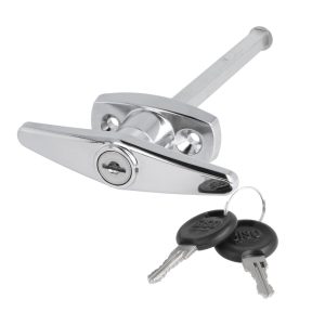 Högkvalitativt låsbart garageporthandtag med låscylinder, tillverkat av zamak, med 8 mm fyrkant och två nycklar, för frontmontering, design: different-locked, 14.08.052-0. Korshandtag av zamak för garageport och mycket mer, av SISO Danmark