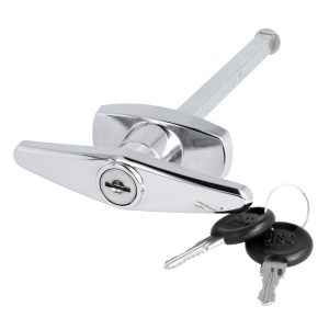 Högkvalitativt låsbart garageporthandtag med låscylinder, tillverkat av zamak, med 8 mm fyrkant och två nycklar, för invändig fastsättning, design: annorlundalåst, 14.08.054-0. Korshandtag av zamak för garageport och mycket mer, av SISO Danmark