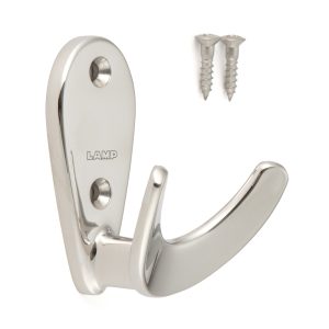 Dubbelkrok av hög kvalitet, tillverkad av högkvalitativt rostfritt stål SUS316, yta: blank polerad, 72 mm (2-53/64″), EU-72. Väggkrokar med dubbla krokar för garderob, badrum, utomhusområde, pool och mycket mer, av Sugatsune / LAMP® (Japan)