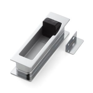 Inloppshandtagskopp i zinklegering med integrerad utfällbar dörrstopp, kromfinish, 135 mm (5-5/16″) HH-P135CR. Inloppshandtag HH-P135CR med stötfångare för skjutdörr, av Sugatsune / LAMP® (Japan)