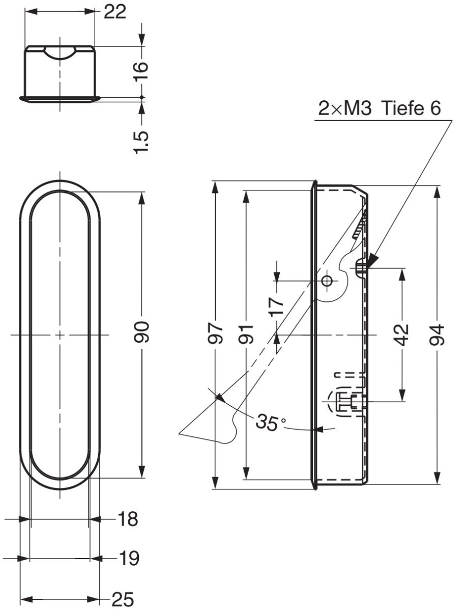 Zinklegeringsinloppshandtag, yta: nickelpläterat, satinmatt, 97 mm (3-13/16″), FH-100AM-00. Inloppshandtag FH-100AM-00 för kontorsmöbler, hemmöbler, köksskåp, av Sugatsune / LAMP® (Japan) - Bild 4