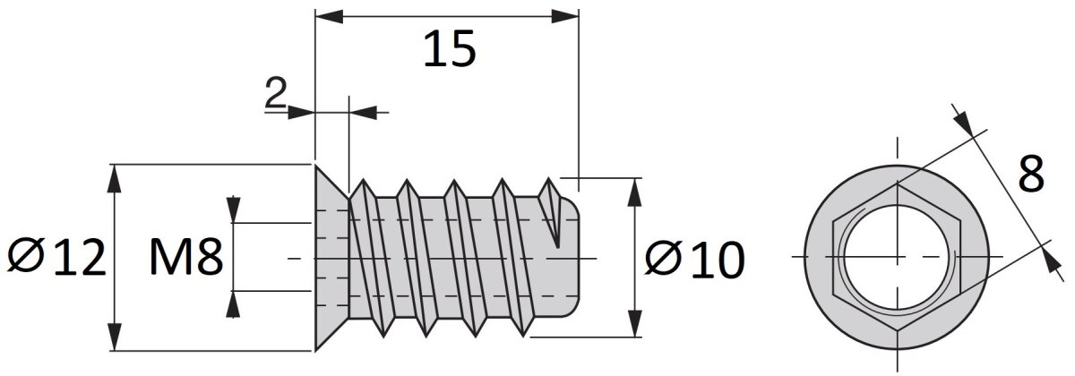 20 stycken högkvalitativa skruvhylsor med M8 invändig gänga, försänkt huvud med invändig sexkant och täckkant, yta: galvaniserad, 15 mm (19/32″), 8007605. Skruvmutter för möbler, träpanel, spånskiva, bord och mycket mer, från EMUCA - Bild 3