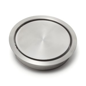 Avfallslucka av hög kvalitet ⌀170 mm (6-11/16″), med soft-close, tillverkad av rostfritt stål, yta: matt satin, finish: rund, AD-GD015-HL. Självstängande sopdörr i rostfritt stål, för köksmöbler, läkarmottagning och mycket mer, av Sugatsune / LAMP® (Japan)