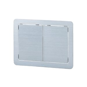 Högkvalitativ rektangulär soplucka med dubbeldörr för vertikal montering, tillverkad av rostfritt stål, finish: satin matt, 370 mm (14-9/16″), AZ-DD310-HL. Avfallslucka i rostfritt stål, för gastronomi och mycket mer, av Sugatsune / LAMP® (Japan)