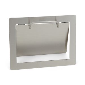 Högkvalitativ rektangulär avfallslucka med handtag, för vertikal montering, av rostfritt stål, yta: matt satin, 310 mm (12,3″), AZ-HD310-HL. Avfallslucka i rostfritt stål, för gastronomi och mycket mer, av Sugatsune / LAMP® (Japan)