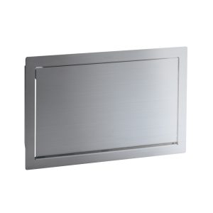 Högkvalitativ rektangulär avfallslucka för vertikal montering, med soft-close, av rostfritt stål, finish: matt satin, 400 mm (15,8″), AZ-GD400-HL. Avfallslucka i rostfritt stål, för gastronomi och mycket mer, av Sugatsune / LAMP® (Japan)