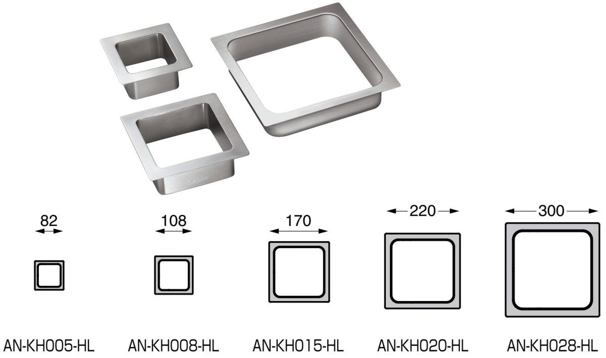 Högkvalitativt rektangulärt sopkast, tillverkat av rostfritt stål, yta: satin matt, 56 mm (2-13/64″), AN-KH005-HL. Avfallsgenomkastning i rostfritt stål, för gastronomi, butiksinredning, skönhetssalong och mycket mer, av Sugatsune / LAMP® (Japan) - Bild 3