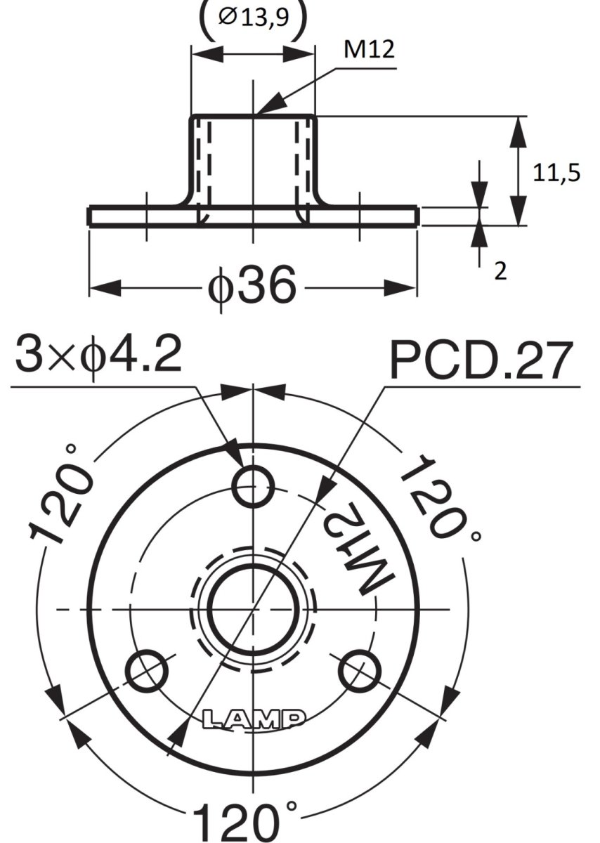 4 st rund monteringsplatta med M12-gänga, monteringsplatta, tillverkad av rostfritt stål, 36 mm (1,5″), AP36-M12. Skruvplatta, för möbelfötter, möbelhjul, maskinfötter, skåpben, sofffötter och mycket mer, av Sugatsune / LAMP® (Japan) - Bild 3