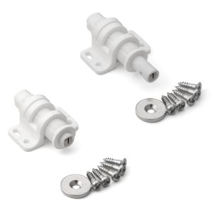 2 stycken rund magnetisk snäppklaff med justeringsmöjlighet, inkl. motplatta, yta: vit, MC-25WT. Push-to-open dörröppnare för möbeldörrar, skåpdörrar och mycket mer, av Sugatsune / LAMP® (Japan)